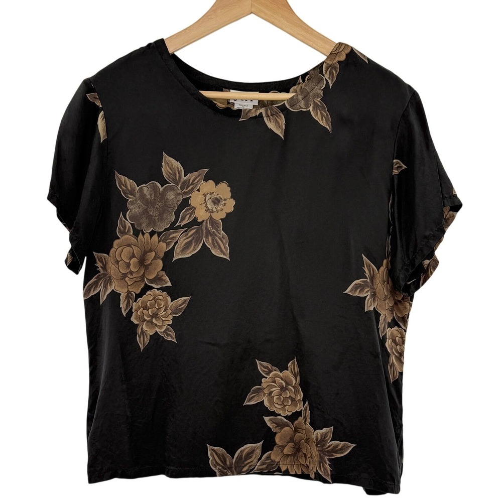 JRT Black Floral Print Silk Short‎ Sleeve Blouse Top Women Size 16